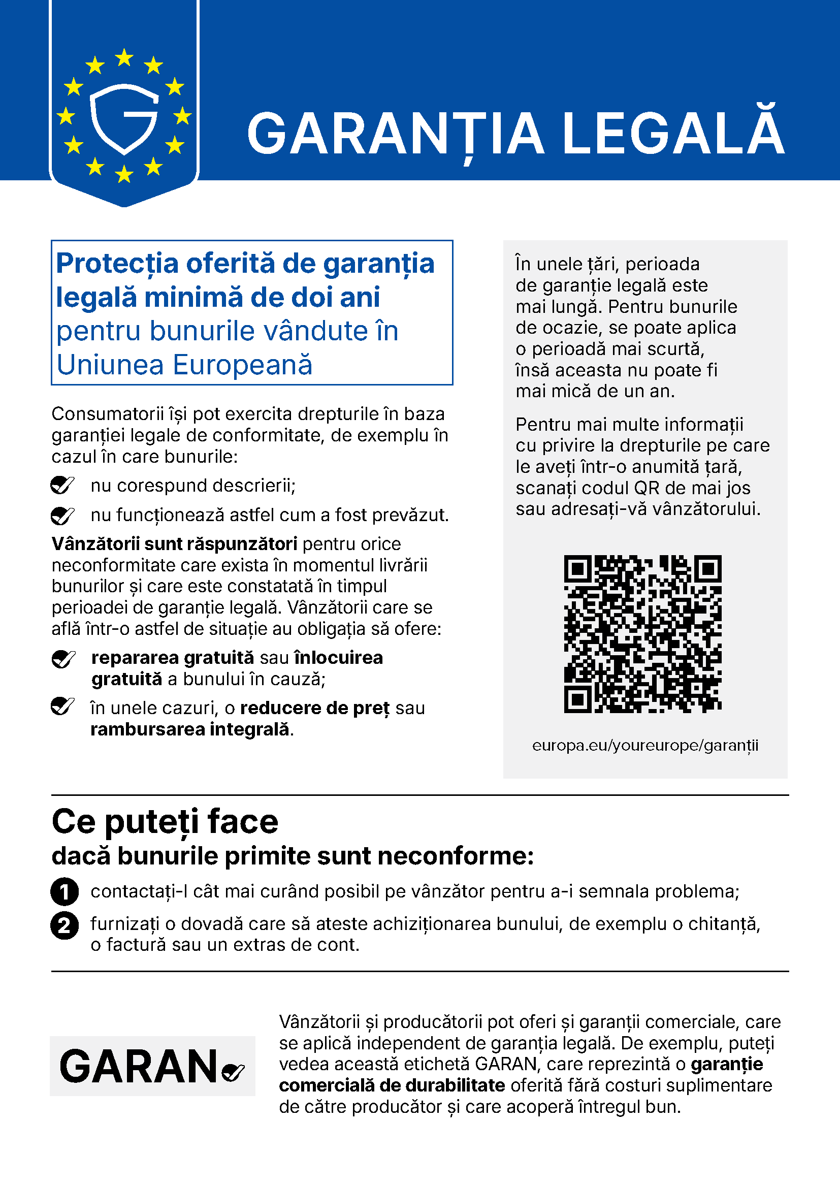 Informare UE privind garanția legală de conformitate